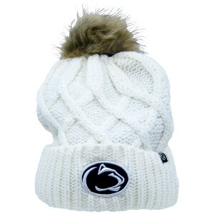 white knit cuffed hat with fur pom and Penn State Athletic Logo